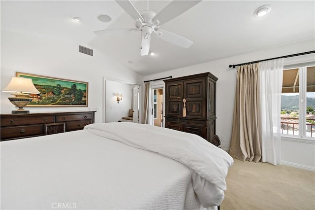 32070 Corte Bonilio, Temecula, CA 92592 - bedroom with light carpet, vaulted ceiling, ceiling fan, and recessed lighting
