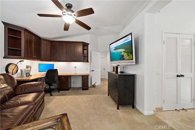 32070 Corte Bonilio, Temecula, CA 92592 - office area featuring light colored carpet, built in desk, a ceiling fan, and lofted ceiling