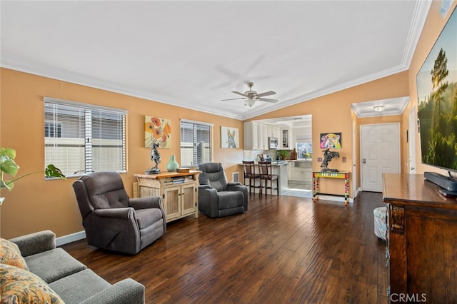28162 Bavaria Dr, Menifee, CA 92585 - living area featuring crown molding, dark wood finished floors, a ceiling fan, vaulted ceiling, and baseboards