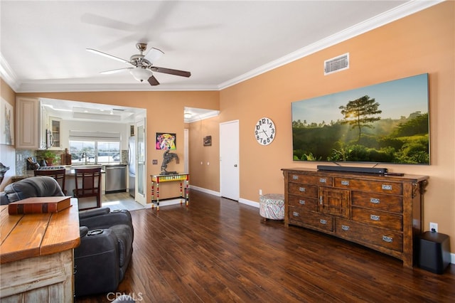 28162 Bavaria Dr, Menifee, CA 92585 - living room featuring crown molding, a ceiling fan, wood-type flooring, and baseboards