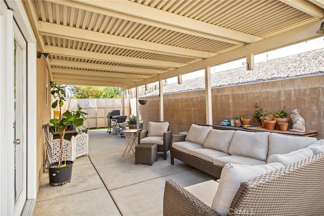 28162 Bavaria Dr, Menifee, CA 92585 - fenced backyard with an outdoor hangout area, a patio area, and a grill