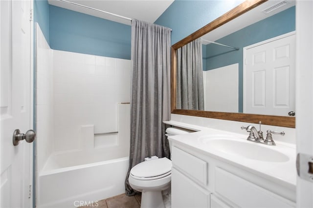 28162 Bavaria Dr, Menifee, CA 92585 - full bath featuring vanity, shower / bath combo, toilet, and tile patterned floors