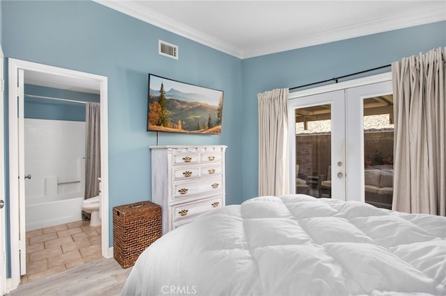 28162 Bavaria Dr, Menifee, CA 92585 - bedroom featuring french doors, access to outside, crown molding, light wood-style flooring, and ensuite bath