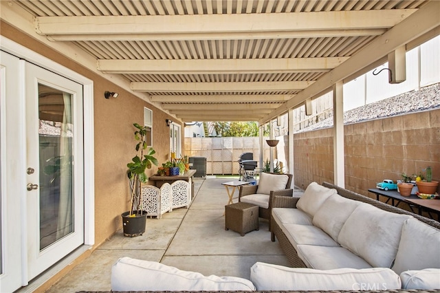 28162 Bavaria Dr, Menifee, CA 92585 - fenced backyard with outdoor lounge area, a patio area, a grill, and central air condition unit