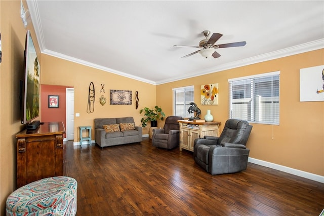 28162 Bavaria Dr, Menifee, CA 92585 - living area featuring crown molding, ceiling fan, dark wood-style floors, baseboards, and vaulted ceiling