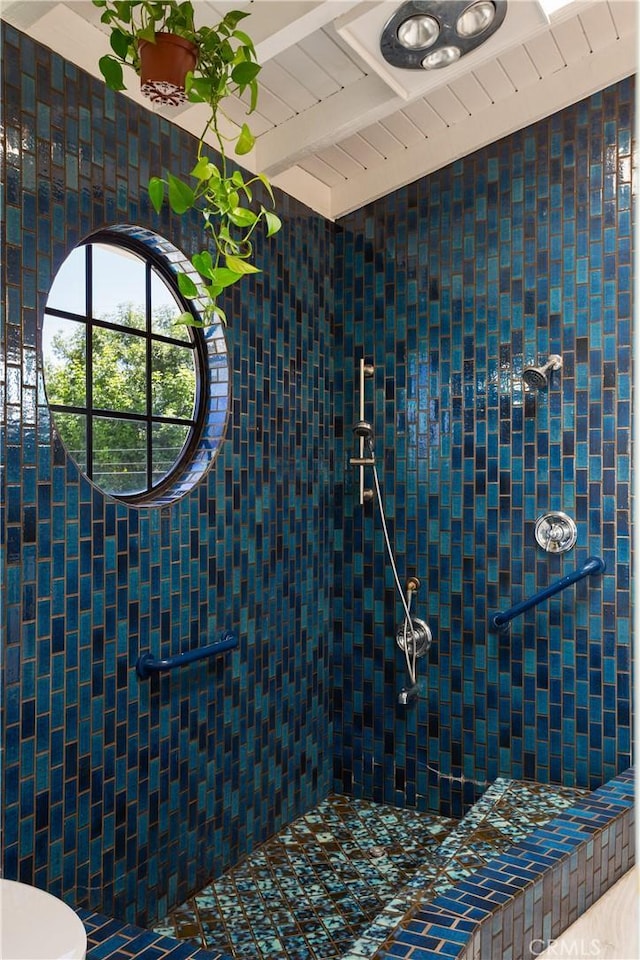 33252 Big Sur St, Dana Point, CA 92629 - bathroom with a tile shower and beam ceiling