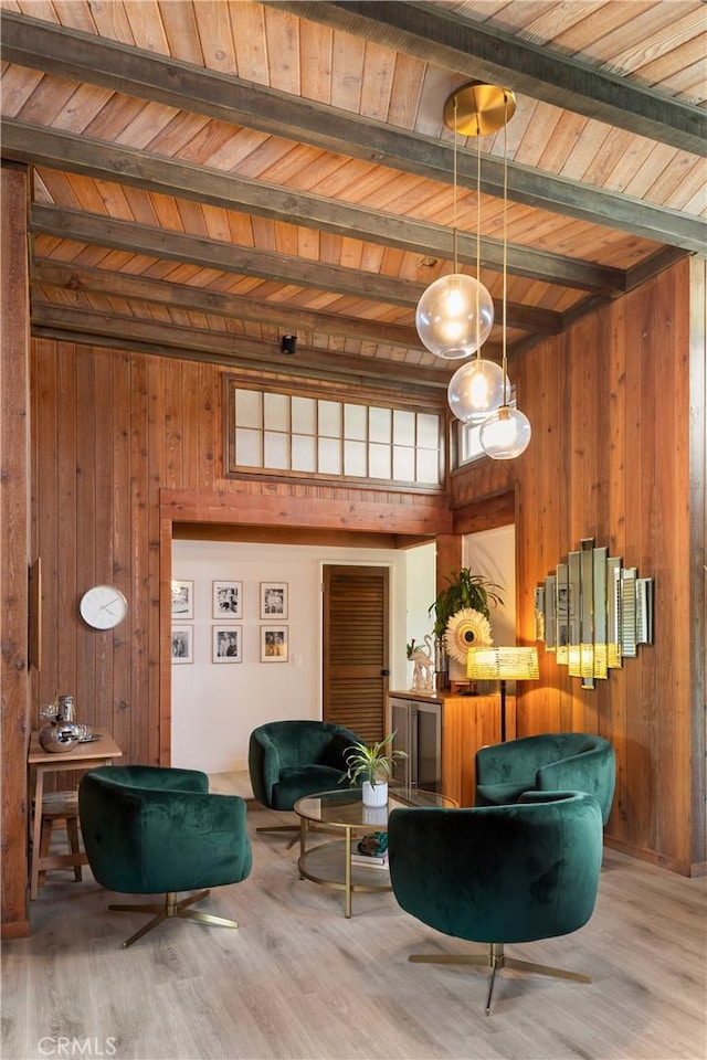 33252 Big Sur St, Dana Point, CA 92629 - living area with wood walls, wood finished floors, and a wood ceiling with exposed beams