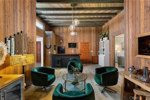 33252 Big Sur St, Dana Point, CA 92629 - living area featuring wood walls, a wooden ceiling with exposed beams, and wood finished floors