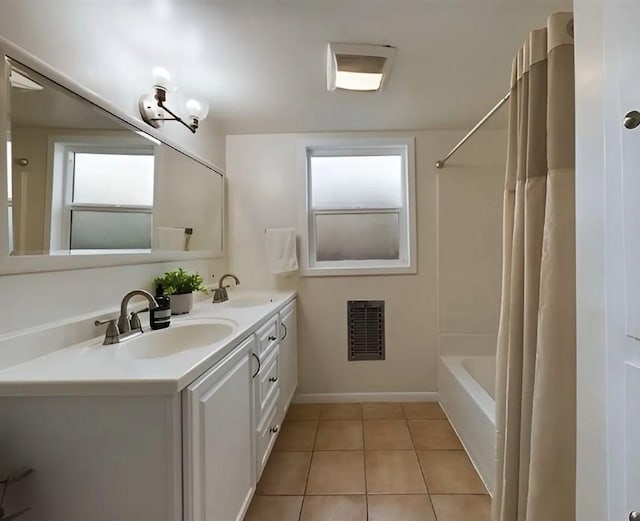 23308 Friar St, Woodland Hills, CA 91367 - bathroom featuring double vanity, tile patterned floors, and shower / bath combination with curtain