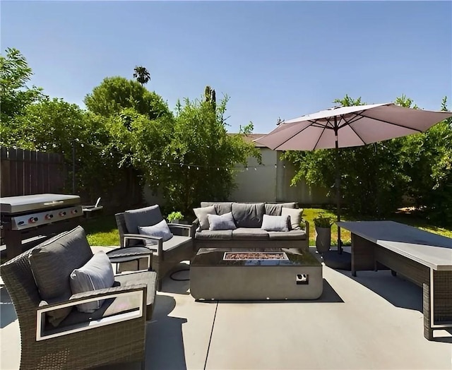 23308 Friar St, Woodland Hills, CA 91367 - view of patio / terrace with an outdoor living space with a fire pit