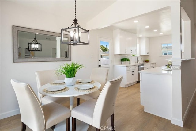 4519 Darien St, Torrance, CA 90503 - dining space featuring a chandelier, light wood finished floors, vaulted ceiling, and recessed lighting