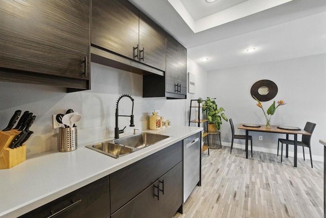 10296 Black Mountain Rd Unit 222, San Diego, CA 92126 - kitchen featuring dishwasher, a sink, light countertops, light wood-type flooring, and baseboards