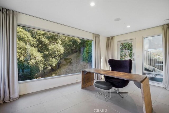 9716 Oak Pass Rd, Beverly Hills, CA 90210 - office area featuring light tile patterned floors, healthy amount of natural light, and recessed lighting
