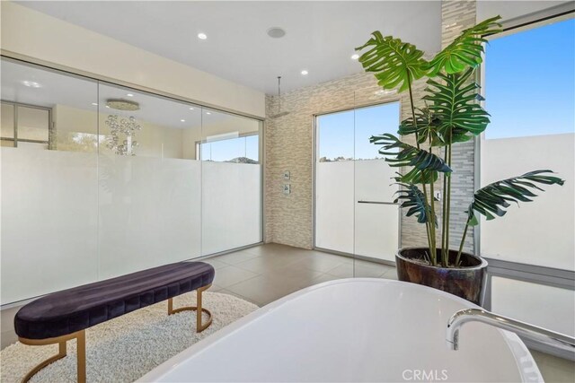 9716 Oak Pass Rd, Beverly Hills, CA 90210 - full bath featuring a soaking tub, tile patterned flooring, and recessed lighting