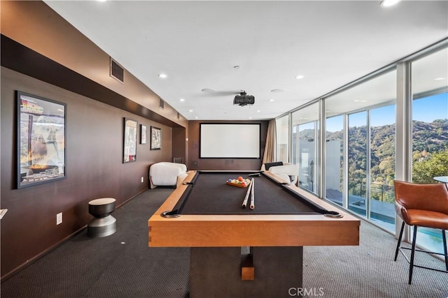 9716 Oak Pass Rd, Beverly Hills, CA 90210 - game room featuring billiards, floor to ceiling windows, recessed lighting, carpet floors, and baseboards