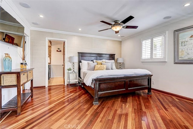 417 23rd St, Manhattan Beach, CA 90266 - bedroom with baseboards, wood finished floors, crown molding, recessed lighting, and a ceiling fan