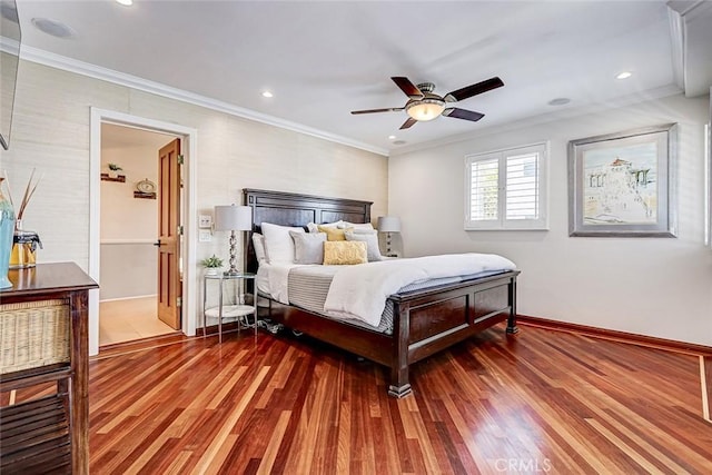 417 23rd St, Manhattan Beach, CA 90266 - bedroom with wood finished floors, crown molding, recessed lighting, baseboards, and ceiling fan
