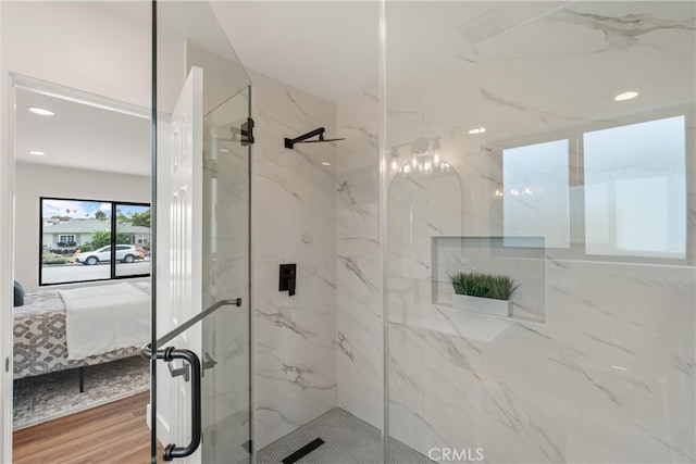 1792 Crestmont Pl, Costa Mesa, CA 92627 - ensuite bathroom with a marble finish shower, recessed lighting, and wood finished floors