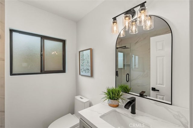 1792 Crestmont Pl, Costa Mesa, CA 92627 - bathroom with vanity, a marble finish shower, toilet, and a chandelier