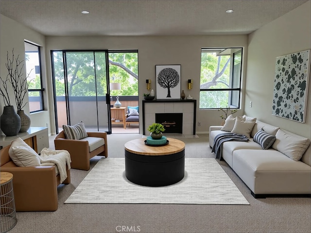 700 S Lake Ave Unit 305, Pasadena, CA 91106 - carpeted living area featuring recessed lighting, a tiled fireplace, and a textured ceiling