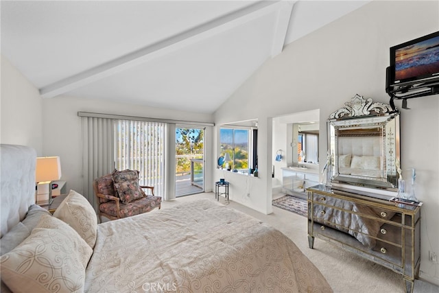 30252 Sonrisa Ln, Laguna Niguel, CA 92677 - bedroom with access to exterior, carpet flooring, beam ceiling, high vaulted ceiling, and ensuite bath