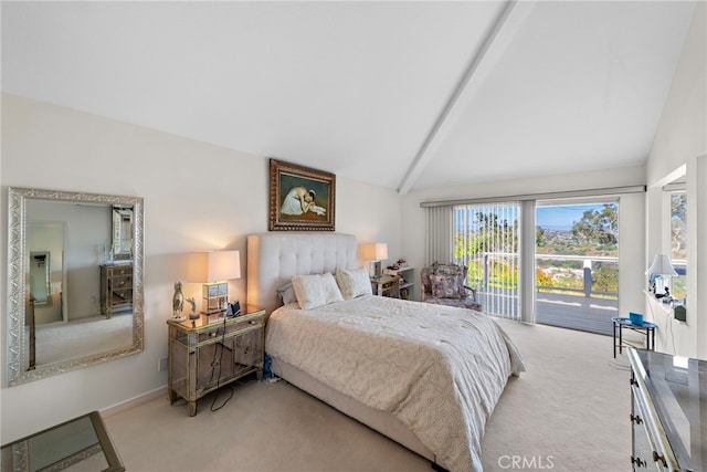30252 Sonrisa Ln, Laguna Niguel, CA 92677 - bedroom featuring carpet, access to exterior, beam ceiling, high vaulted ceiling, and baseboards