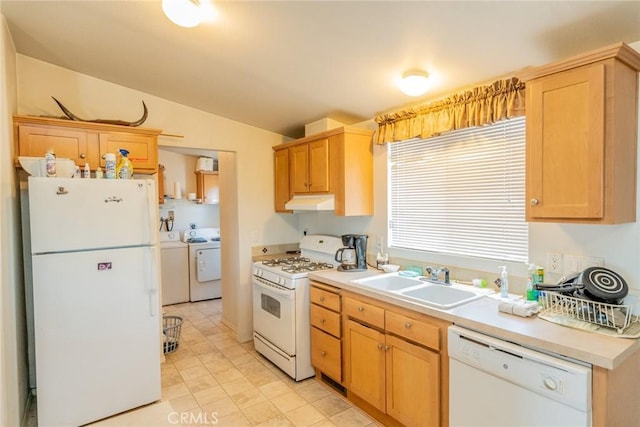 5131 Cygnet Rd A-B, Unit A-B Phelan, CA 92371 - kitchen featuring white appliances, a sink, separate washer and dryer, light countertops, and lofted ceiling