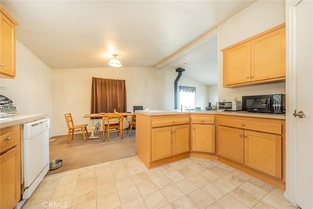 5131 Cygnet Rd A-B, Unit A-B Phelan, CA 92371 - kitchen with dishwasher, a peninsula, light carpet, light countertops, and black microwave