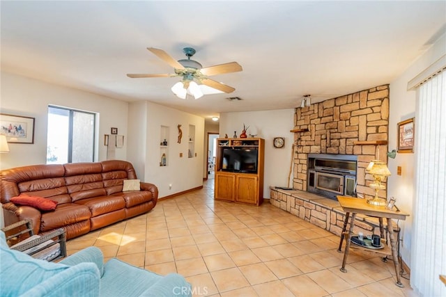 5131 Cygnet Rd A-B, Unit A-B Phelan, CA 92371 - living area with light tile patterned floors, a ceiling fan, and a stone fireplace