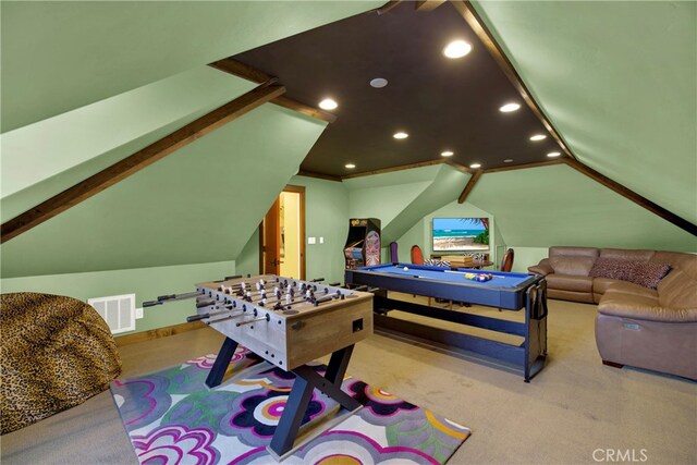 30927 Steeplechase Dr, San Juan Capistrano, CA 92675 - recreation room with lofted ceiling, recessed lighting, billiards table, and carpet flooring
