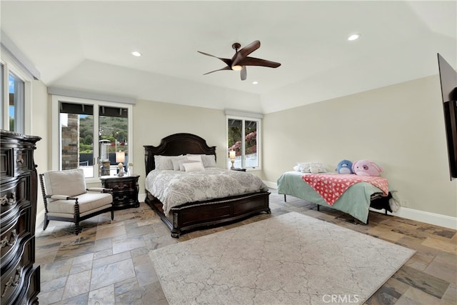 30927 Steeplechase Dr, San Juan Capistrano, CA 92675 - bedroom with stone tile floors, multiple windows, recessed lighting, baseboards, and ceiling fan