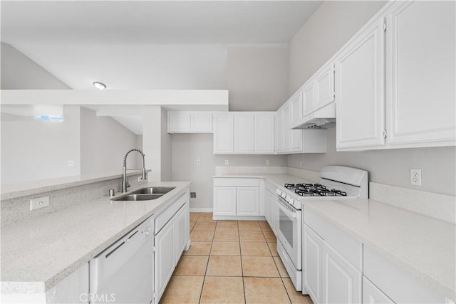 2101 Thomas Dr, Lancaster, CA 93535 - kitchen featuring white appliances, a sink, white cabinetry, and light tile patterned floors