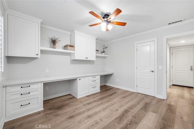 2244 N 1st Ave, Upland, CA 91784 - unfurnished office featuring built in study area, a ceiling fan, ornamental molding, and light wood-style flooring