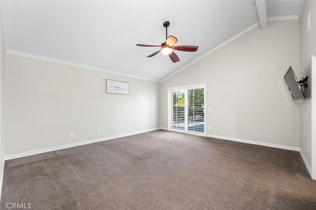 2244 N 1st Ave, Upland, CA 91784 - carpeted spare room with ceiling fan, high vaulted ceiling, beamed ceiling, and crown molding