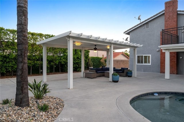 2244 N 1st Ave, Upland, CA 91784 - swimming pool with an outdoor living space, a patio area, ceiling fan, and a pergola
