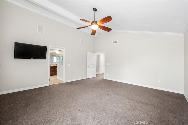 2244 N 1st Ave, Upland, CA 91784 - unfurnished living room featuring a ceiling fan, carpet flooring, crown molding, and high vaulted ceiling