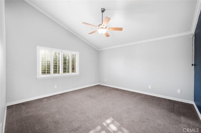 2244 N 1st Ave, Upland, CA 91784 - empty room featuring lofted ceiling, crown molding, dark carpet, and a ceiling fan
