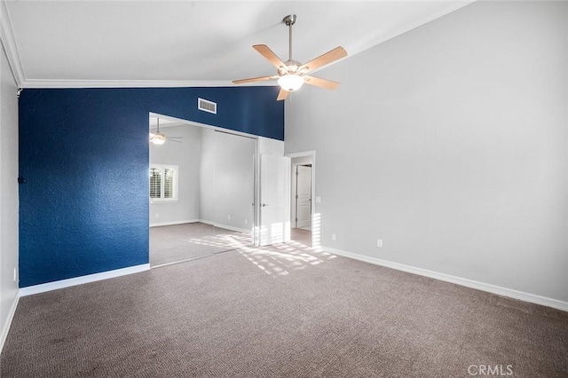 2244 N 1st Ave, Upland, CA 91784 - carpeted empty room with a ceiling fan, ornamental molding, and high vaulted ceiling