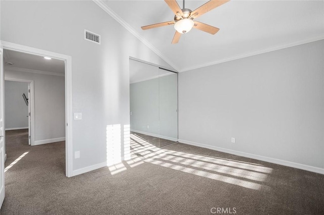 2244 N 1st Ave, Upland, CA 91784 - spare room featuring a ceiling fan, ornamental molding, vaulted ceiling, and carpet flooring