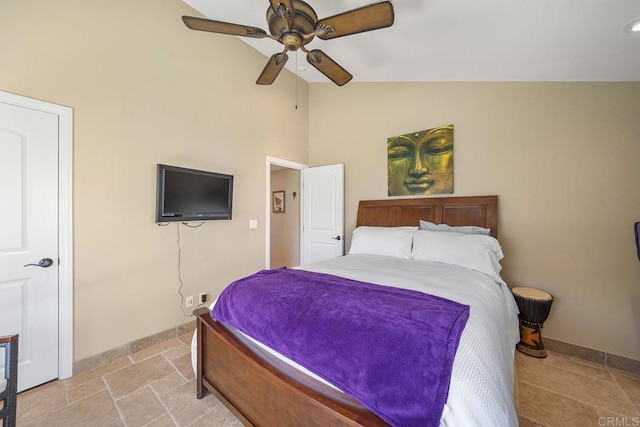 1744 Tattenham Rd, Encinitas, CA 92024 - bedroom with baseboards, high vaulted ceiling, and a ceiling fan