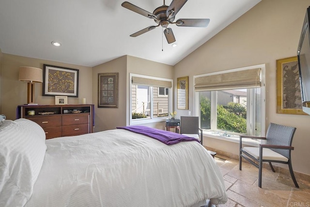1744 Tattenham Rd, Encinitas, CA 92024 - bedroom featuring stone tile floors, multiple windows, lofted ceiling, recessed lighting, and baseboards