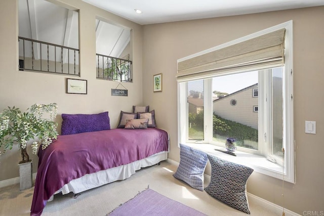 1744 Tattenham Rd, Encinitas, CA 92024 - bedroom with baseboards, access to outside, carpet flooring, and vaulted ceiling