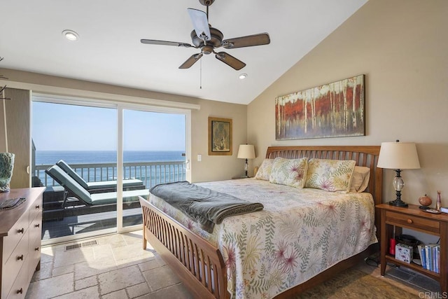 1744 Tattenham Rd, Encinitas, CA 92024 - bedroom featuring access to exterior, stone tile floors, vaulted ceiling, a water view, and recessed lighting