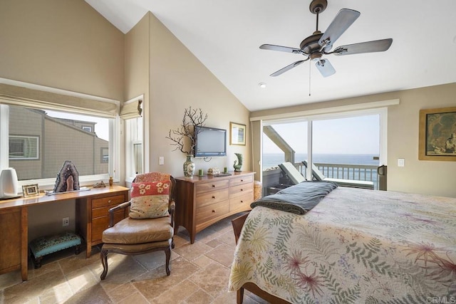 1744 Tattenham Rd, Encinitas, CA 92024 - bedroom with access to outside, stone tile flooring, high vaulted ceiling, and a ceiling fan