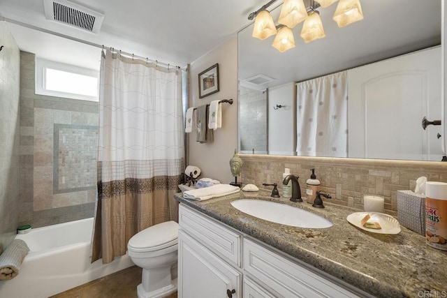 1744 Tattenham Rd, Encinitas, CA 92024 - bathroom with vanity, toilet, decorative backsplash, and shower / bath combo with shower curtain