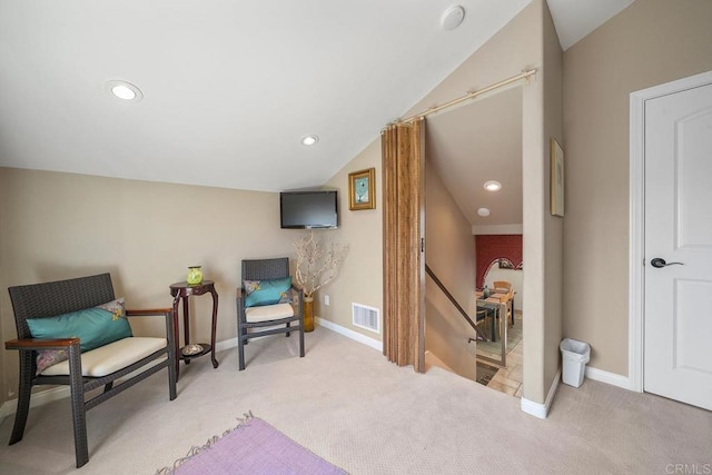 1744 Tattenham Rd, Encinitas, CA 92024 - living area featuring carpet floors, vaulted ceiling, baseboards, an upstairs landing, and recessed lighting