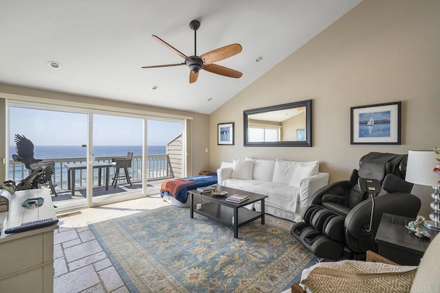 1744 Tattenham Rd, Encinitas, CA 92024 - living room featuring a ceiling fan, high vaulted ceiling, and a water view