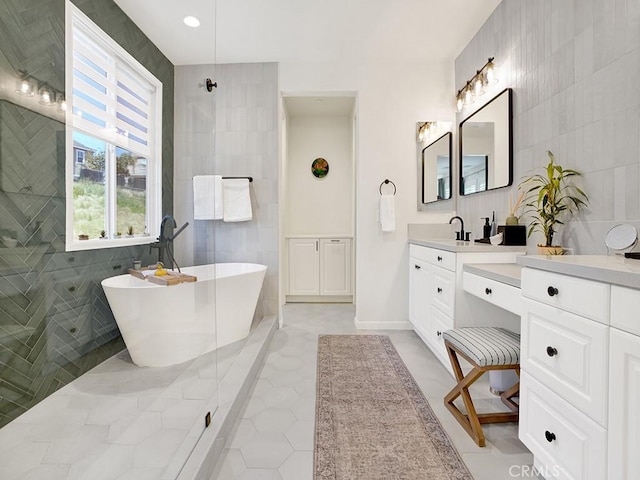 8967 Sunshine Valley Way, Corona, CA 92883 - full bath featuring tile walls, vanity, a freestanding tub, tile patterned floors, and a tile shower