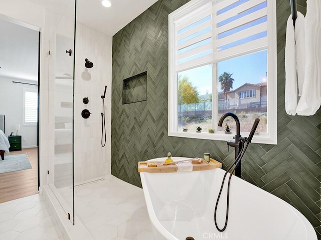 8967 Sunshine Valley Way, Corona, CA 92883 - full bath featuring a freestanding bath, tile walls, a walk in shower, ensuite bath, and tile patterned flooring