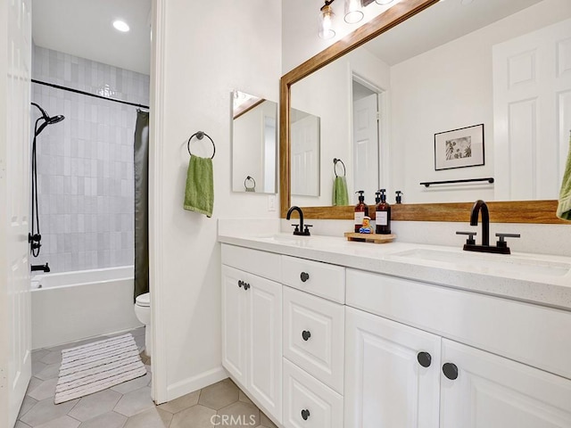 8967 Sunshine Valley Way, Corona, CA 92883 - full bath with double vanity, tile patterned flooring, toilet, shower / bath combo, and baseboards